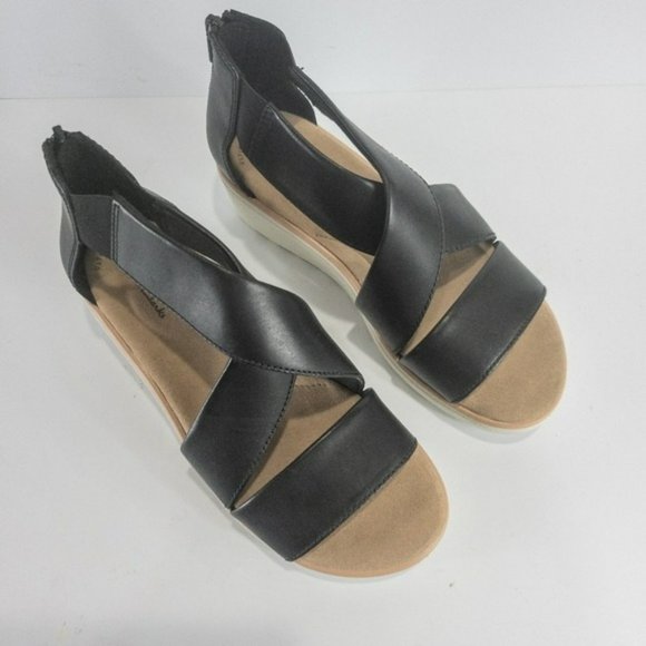 Clarks Jillian Rise Wedge Sandals Black Leather -6 - Picture 7 of 8